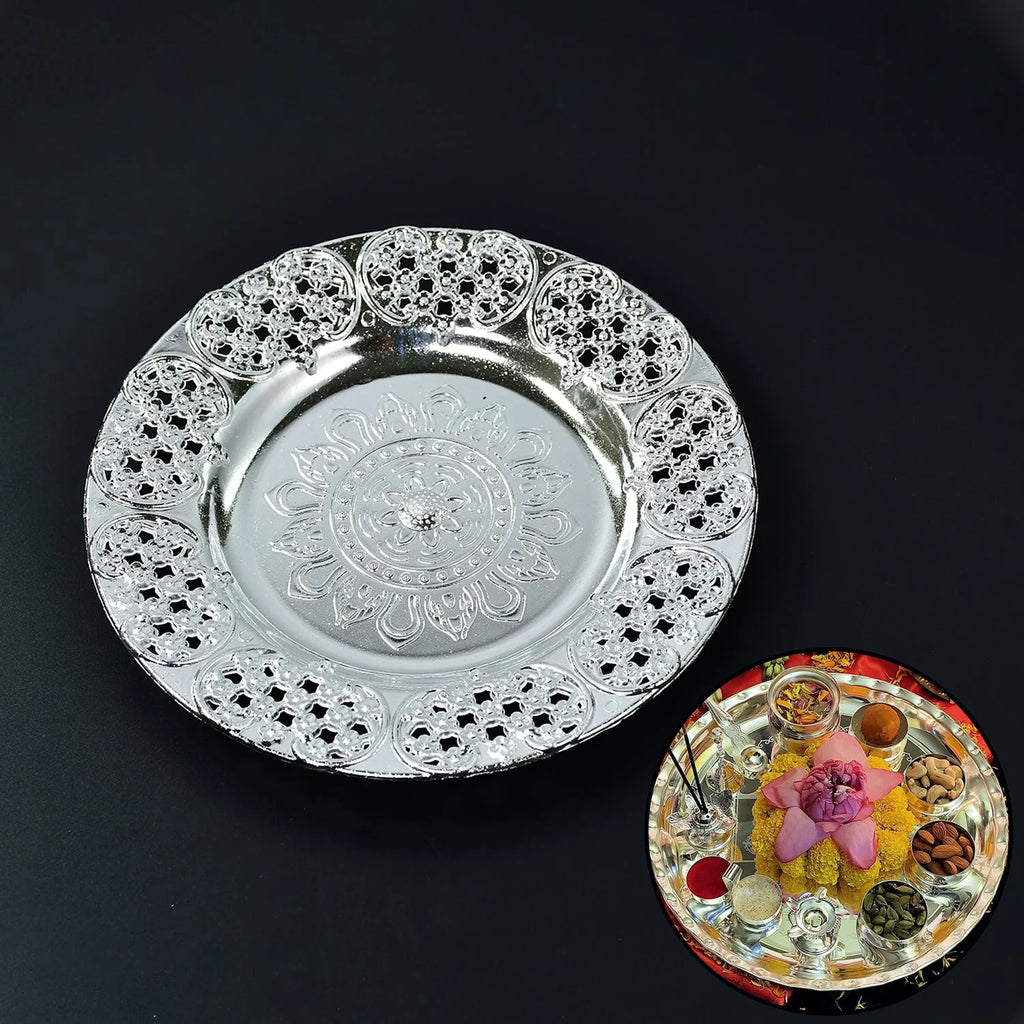 Pooja Thali Set – 8-Inch Plastic Silver Color for Festivals | Styleva
