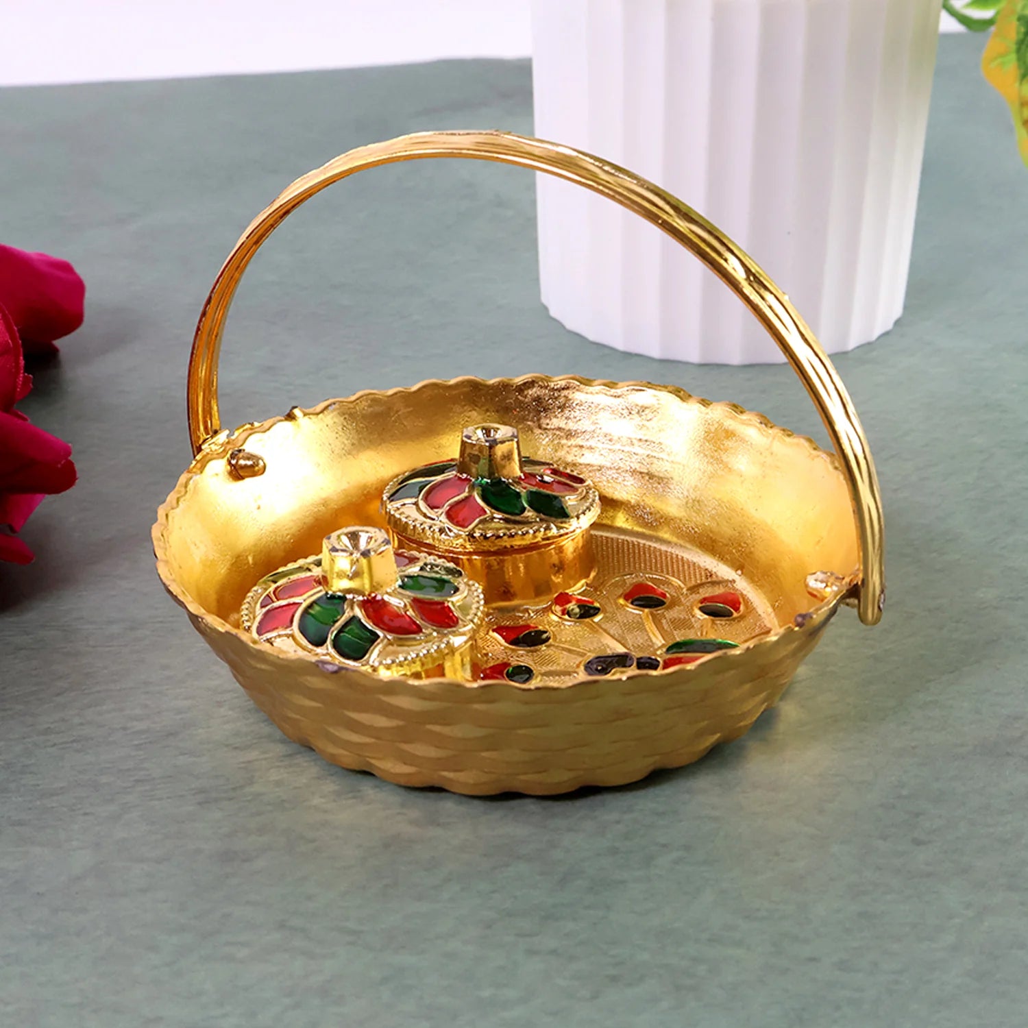 Peacock Meenakari Pooja Tray – Elegant Gold-Tone with Kumkum Bowls