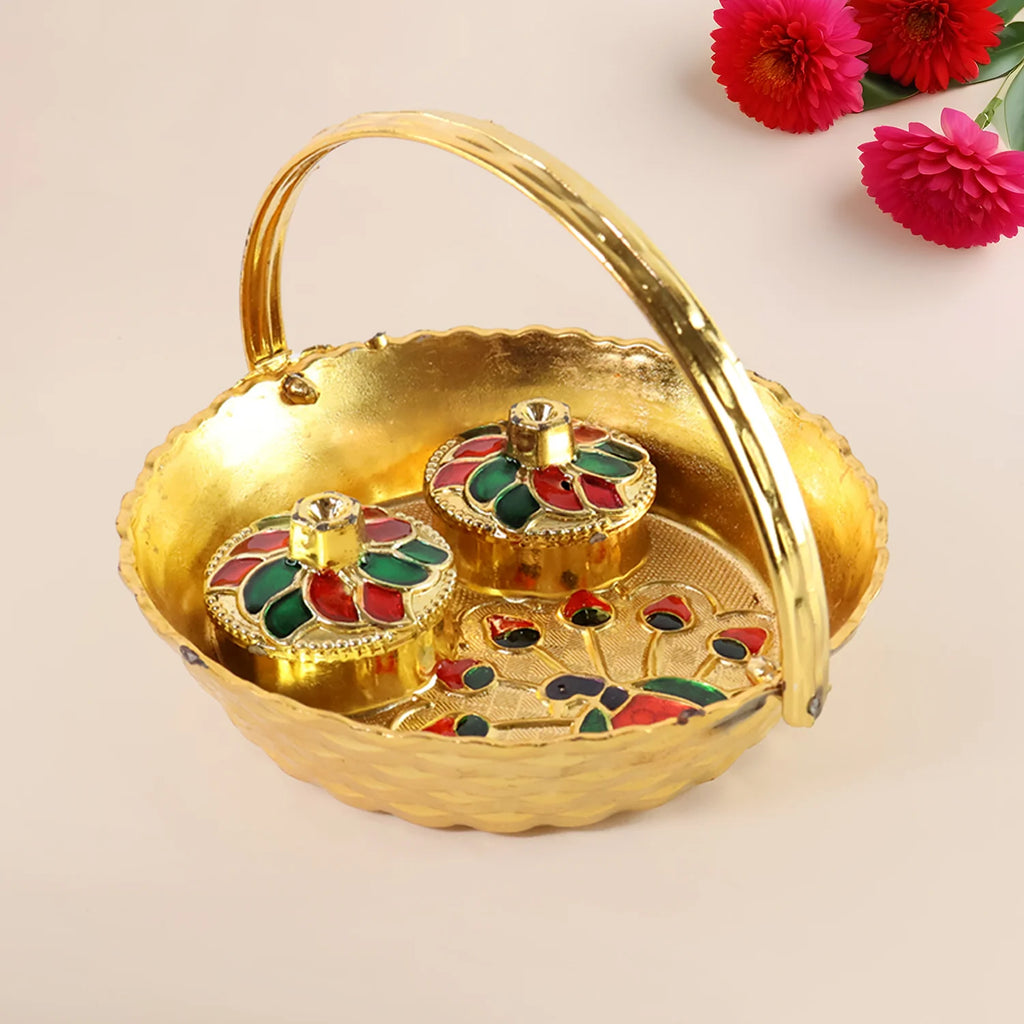 Peacock Meenakari Pooja Tray – Elegant Gold-Tone with Kumkum Bowls