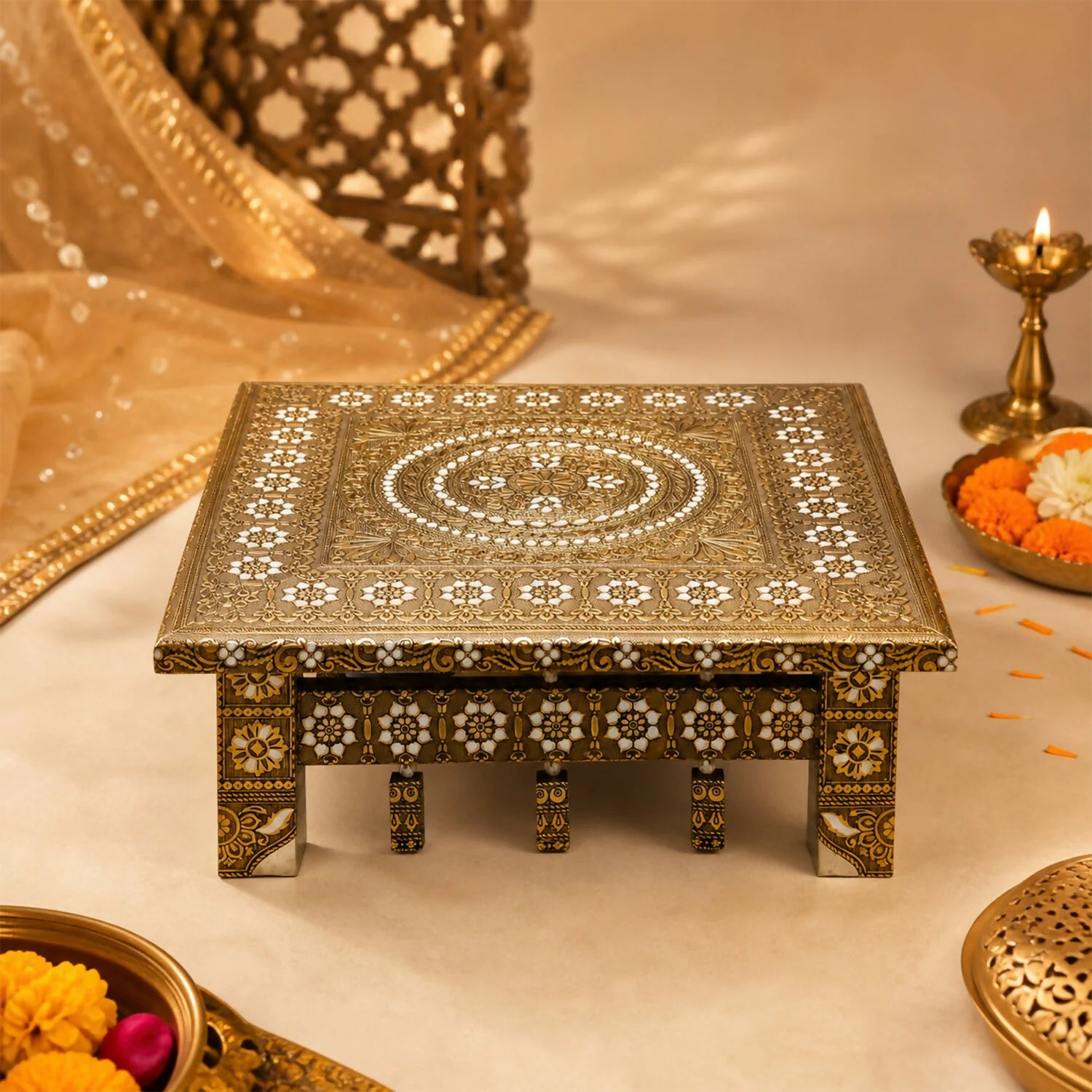 Pooja Chowki – Traditional Gold Meenakari for Mandir & Decor