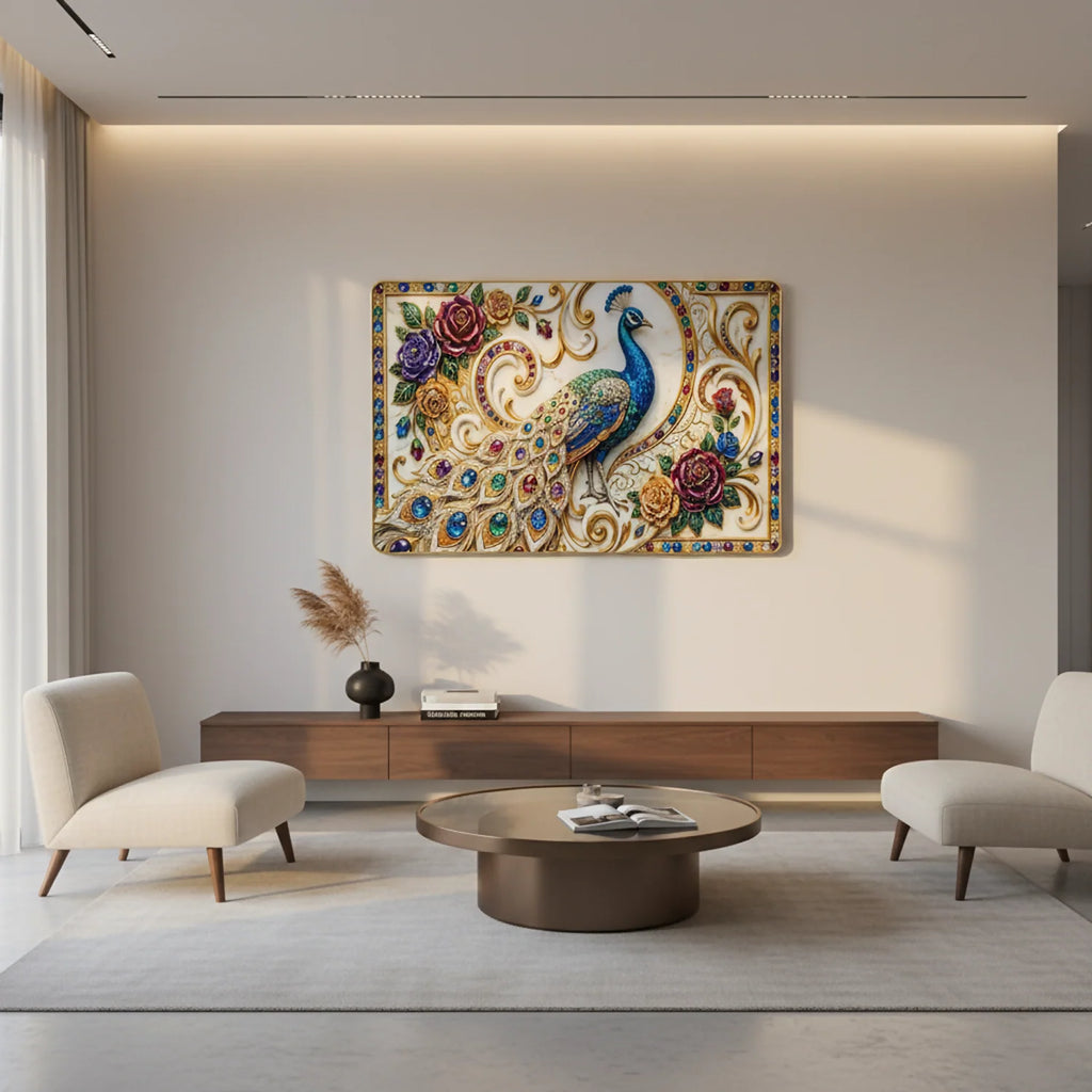 Luxury Peacock Wall Art – Elegant Floral Gem Design for Homes